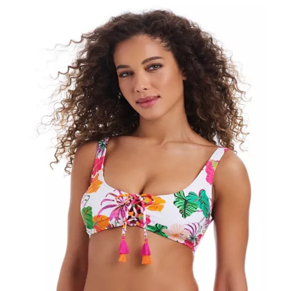 Bar III Womens Size Small Floral Bermuda Babe Lace-Up Bikini Top in White 1553